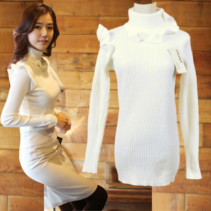 2012 ladies elegant ruffle long-sleeve slim turtleneck sweater basic shirt