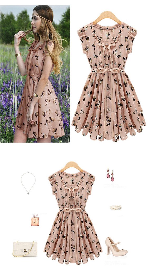 2012 ladies fashion chiffon printed bow tie wholesale drop shipping dress