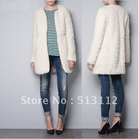 2012 Ladies Fashion Faux Fur Wool Coat Jacket Long Sleeve Ivory Size: XS-S-M-L-XL-XXL WT037 Free shipping by HK Post