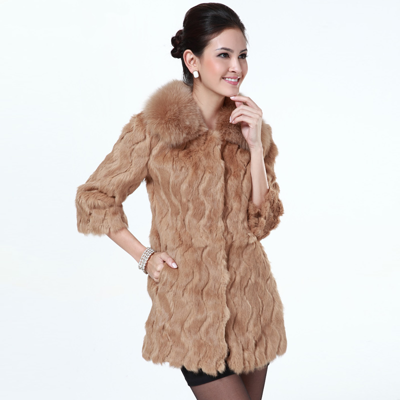 2012 ladies rabbit fur coat europe style full fur overcoat fox fur neck medium-long 5 color winter coat high grade winter coat