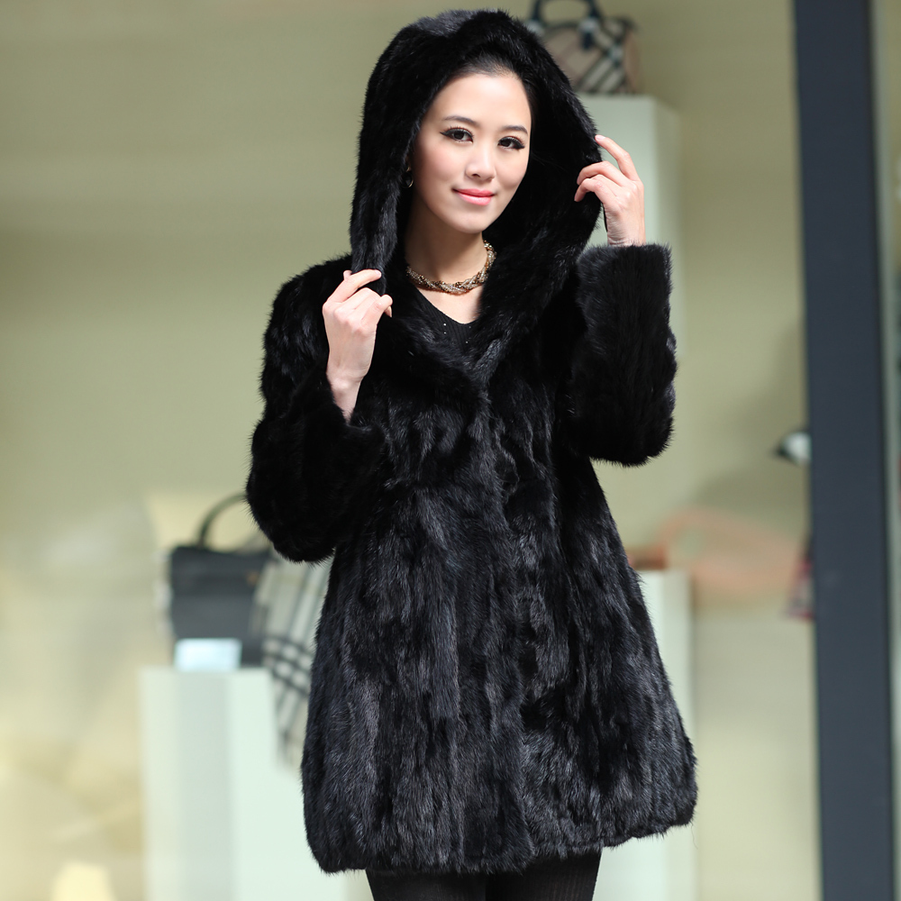 2012 lady fashion real mink fur coat with hoody women overcoat female garment