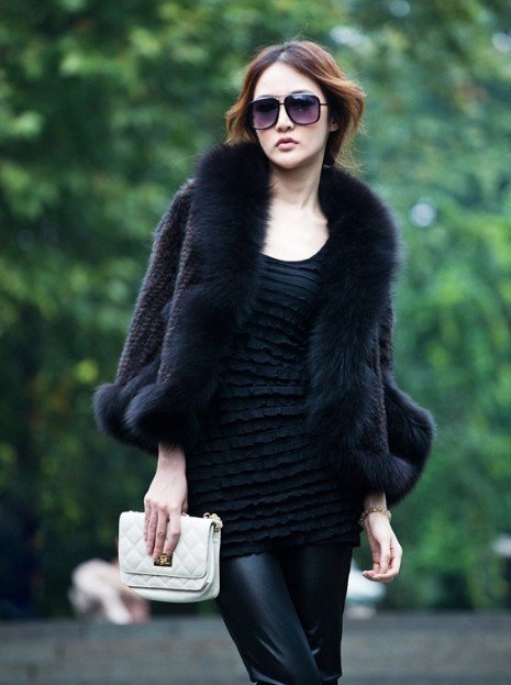 2012  Lady Genuine mink hair Fur and fox fur  coat /  wraps/shawl Three quarter  free size    DHL free shipping