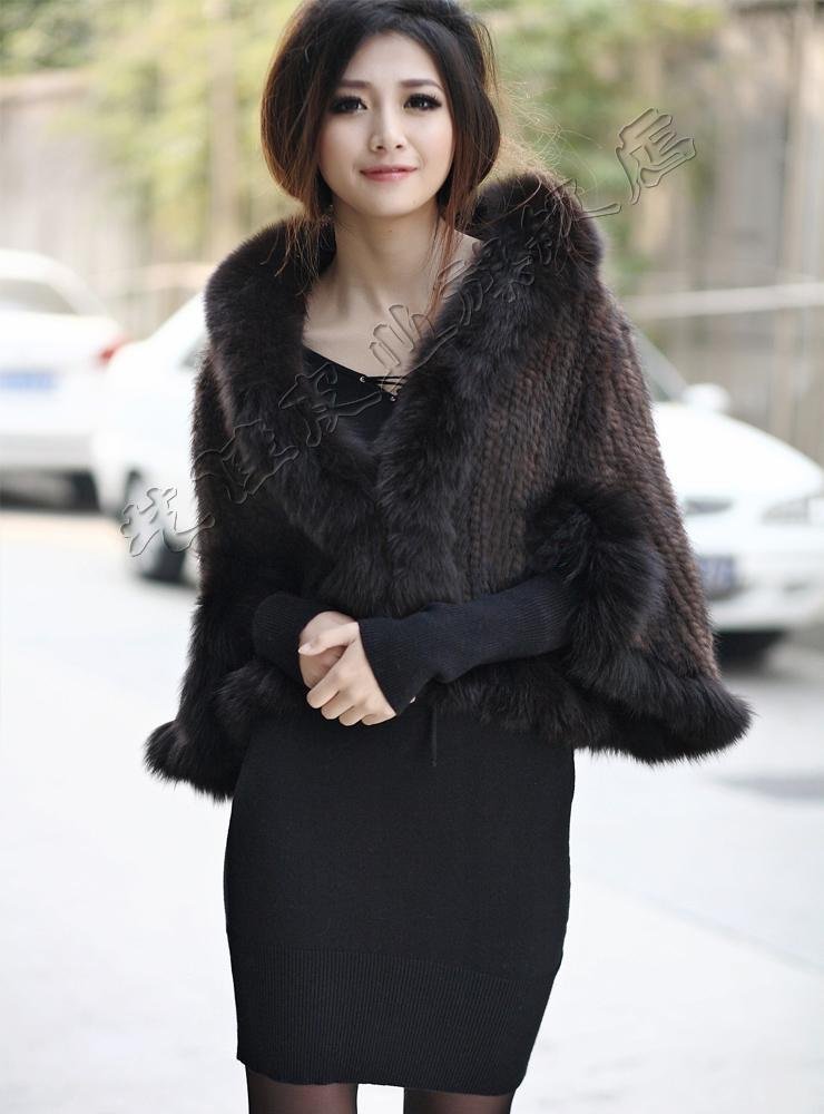 2012  Lady Genuine mink hair Fur knitted  and fox fur collar  coat  wraps Three quarter  free size    DHL free shipping