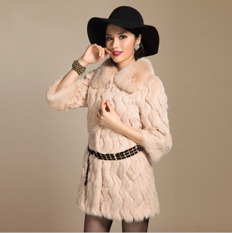 2012 lady rabbit hair coat fox fur collar long slim new sale wavy stitches cutting flowers design new women garment GFW038