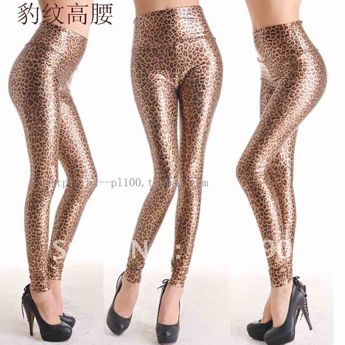 2012 lady womens fashion plus size leopard print high waist faux leather legging tight pants female trousers