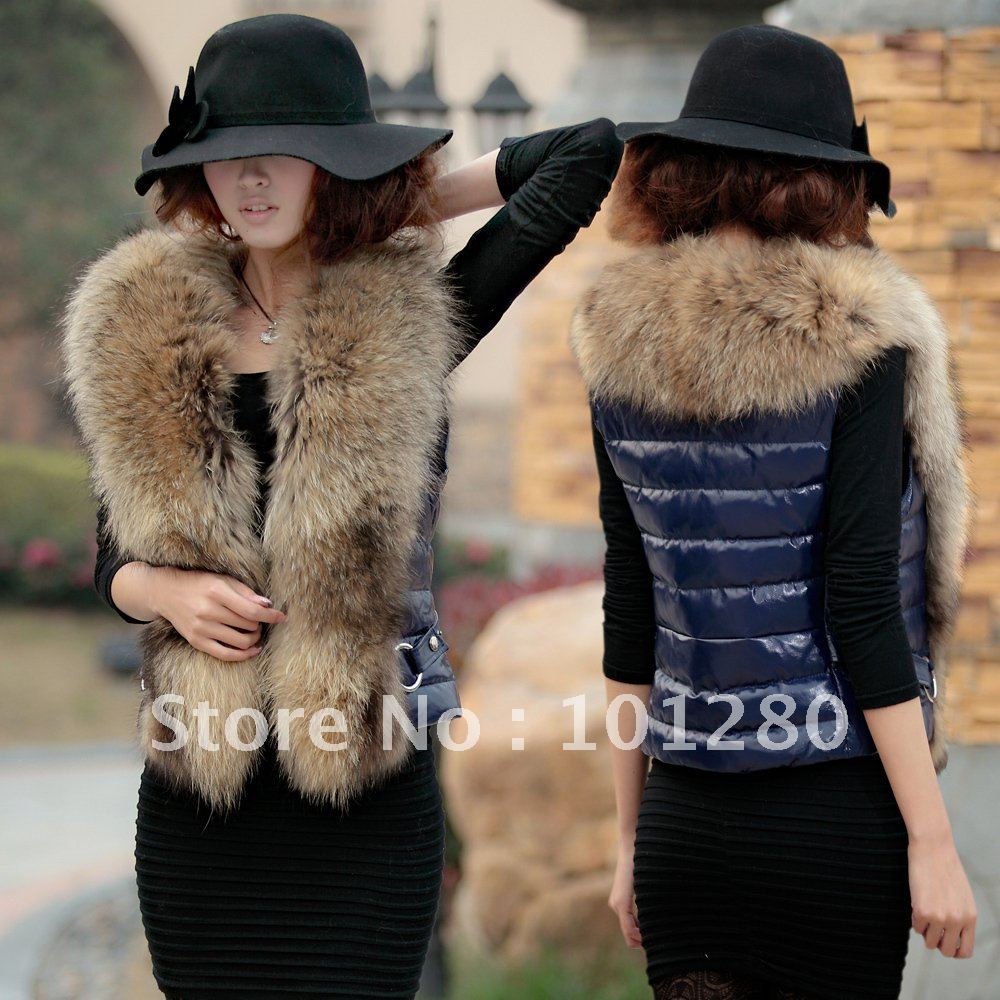 2012 large fur collar sheepskin fur down coat vest women outerwear