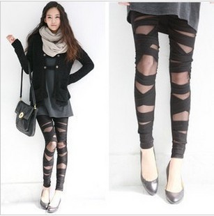 2012 leather and lace patchwork legging female spring and summer lace cross straps legging gauze pantyhose