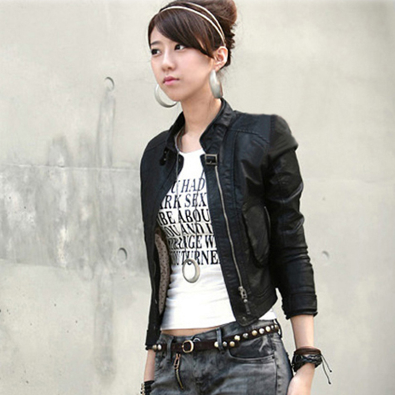 2012 leather clothing black blazer women's water wash slim motorcycle leather jacket coat