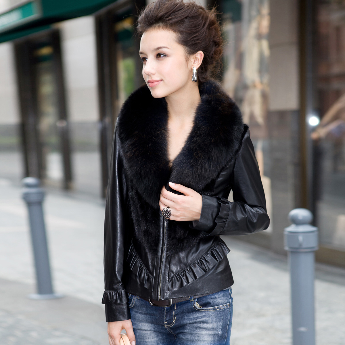 2012 leather clothing female genuine leather sheepskin fox fur fight mink slim Women lj23