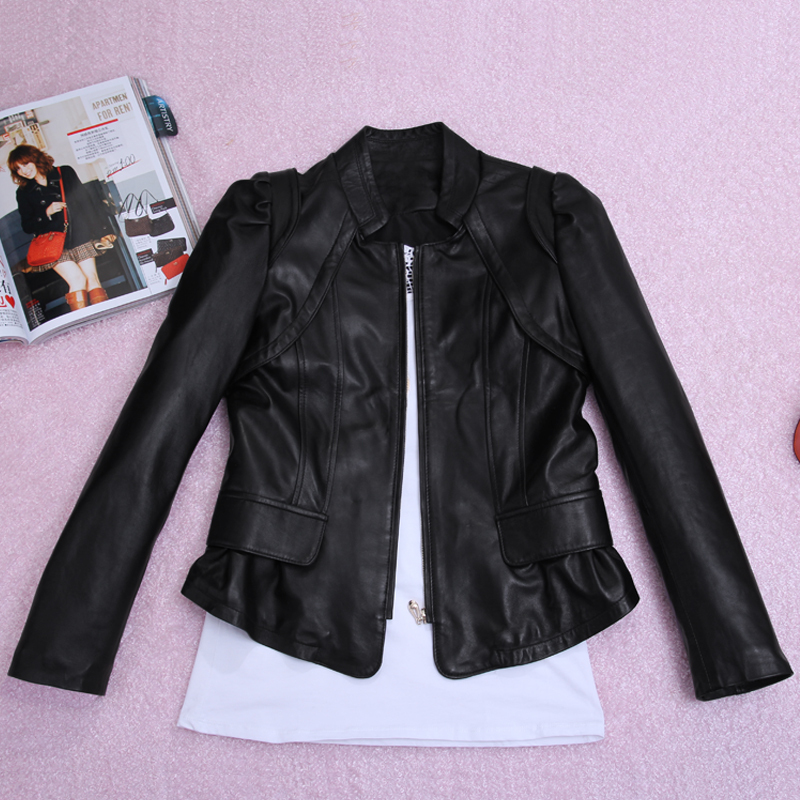 2012 leather clothing female genuine leather small stand collar handsome motorcycle paragraph slim coat jacket py03