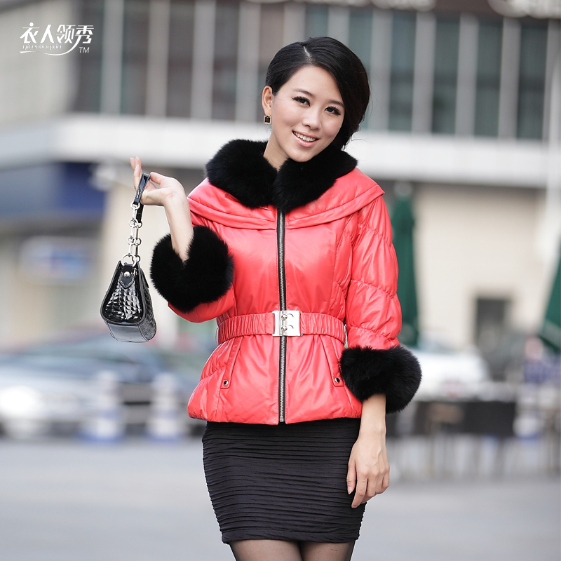 2012 leather clothing fox skin fur collar sheep down coat short design genuine leather clothing outerwear female