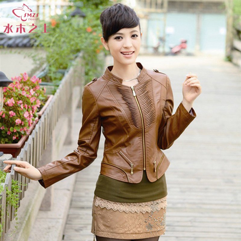 2012 leather clothing outerwear fashion motorcycle leather clothing women's leather clothing short design stand collar short