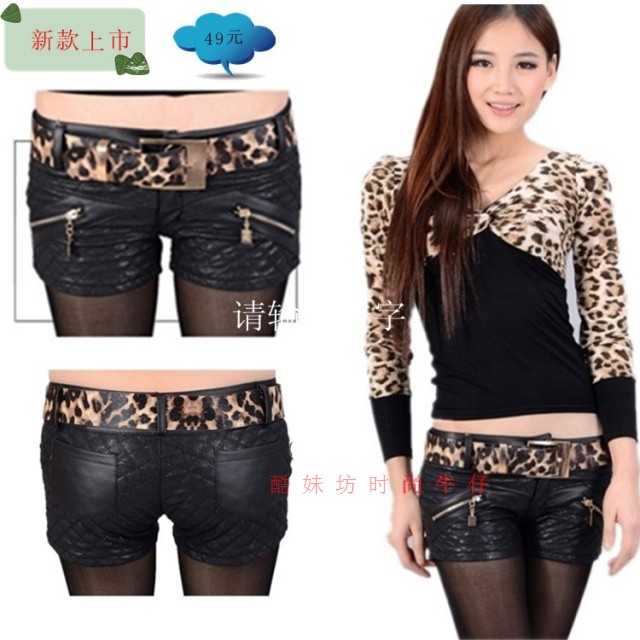 2012 leather pants slim boot cut jeans women's female PU shorts