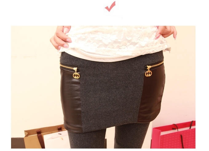 2012 leather patchwork faux two piece basic skirt pants autumn and winter zipper boot cut jeans legging slim hip skirt pants