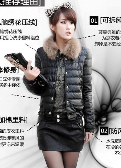 2012 leather women duck down coat wadded jacket women's short design slim fur collar plus size winter outerwear thickening