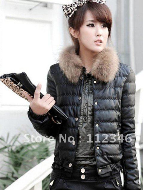 2012 leather women duck down coat wadded jacket women's short design slim fur collar plus size winter outerwear thickening