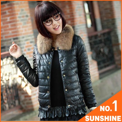 2012 Leather Women Duck Down Coat Wadded Jacket Women's Short Design Slim Fur Collar Plus Size Winter Outerwear Thickening MRL01