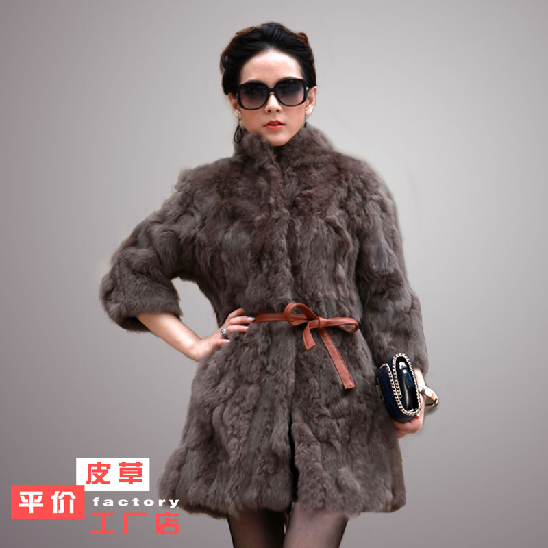 2012 leather women's slim rabbit fur medium-long fur coat three quarter sleeve belt