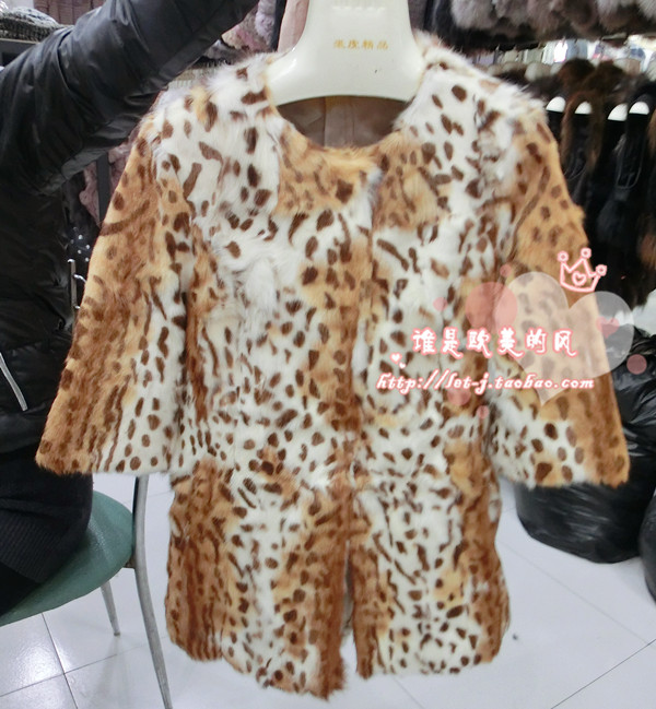 2012 leopard print spots leopard cat wool medium-long wool fur coat overcoat female