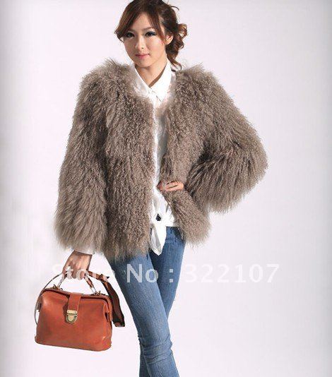 2012 Long Fur Length Mongolian Fur Coat Sheep Fur Outwear Black And Light Grey Luxury Free Shipping