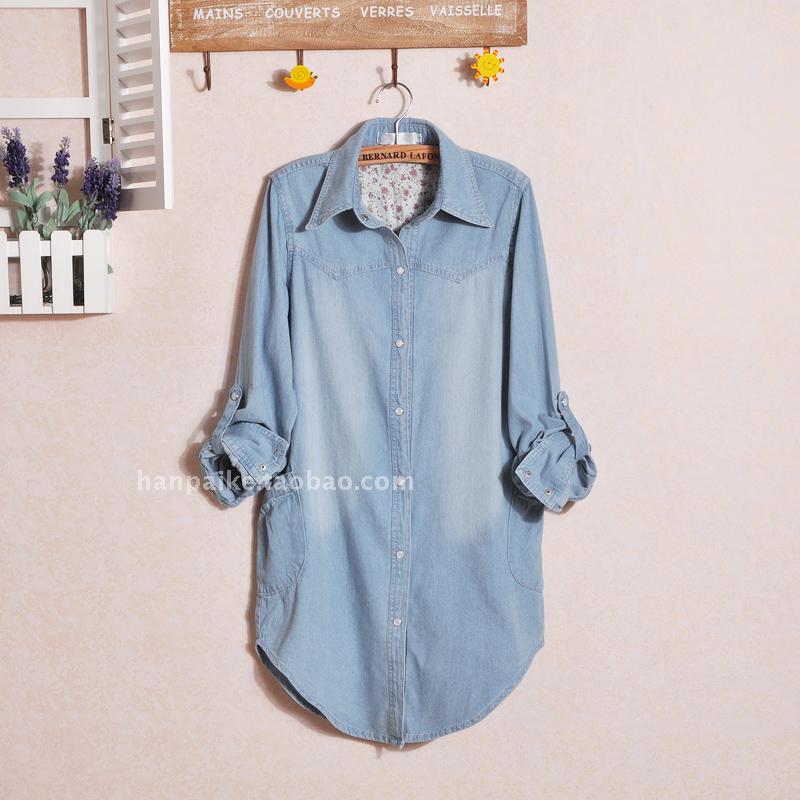 2012 long-sleeve denim outerwear plus size denim medium-long denim shirt solid color denim female