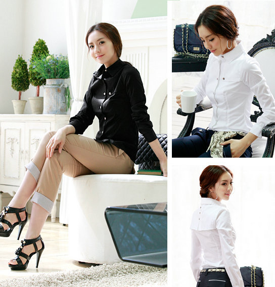 2012 Long sleeve shirt  Free shipping Cotton blous Women's Clothes Long sleeve blouse  black white shirt Y008