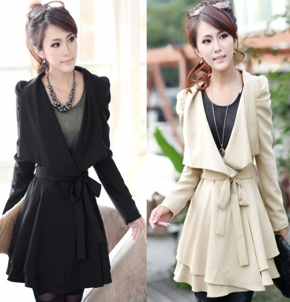 2012 Long-sleeve trench outerwear autumn casual slim turn-down collar puff princess sleeve pleated large lapel irregular trench