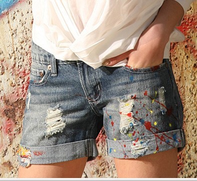 2012 loose casual distrressed colored drawing doodle plus size denim shorts boots pants