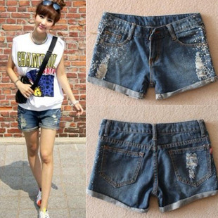 2012 loose casual distrressed roll up hem denim shorts women's plus size jeans pants