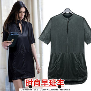 2012 loose casual stand collar leather short skirt short-sleeve dress PU skirt op1393