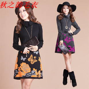 2012 loose sweater turtleneck women's long design sweater thickening sweater dress butterfly female wool one-piece dress