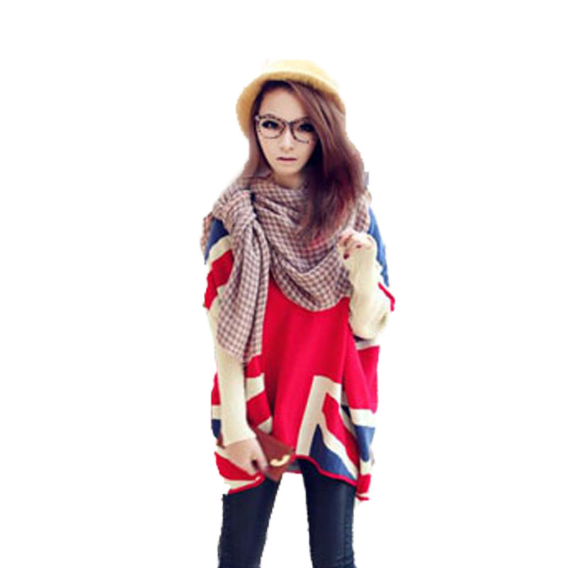 2012 loose V-neck torx flag sweater female plus size knitted batwing shirt british style