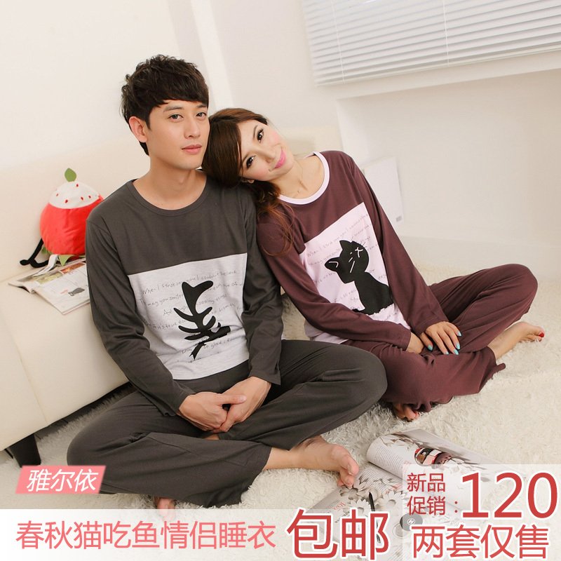 2012 lovers sleepwear cat fish bone set knitted cotton male spring and autumn long-sleeve female casual lounge