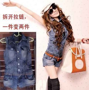 2012 low-waist split denim jumpsuit vest shorts jumpsuit pants female 1005