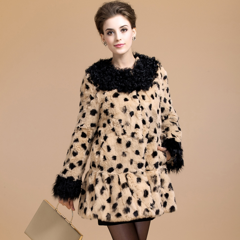 2012 Luxuriou Fashion Women Leopard Style Winter Genuine Real Rabbit Fur With Wool Collar Cuff Single Breasted Coat Outerwear