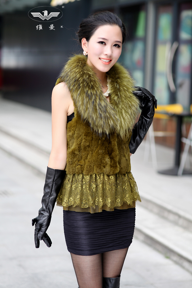 2012 Luxurious Fashion Women Lady Winter Genuine Raccoon Fur Collar With Real Rex Rabbit Fur Waistcoat Vest Coat Outerwear