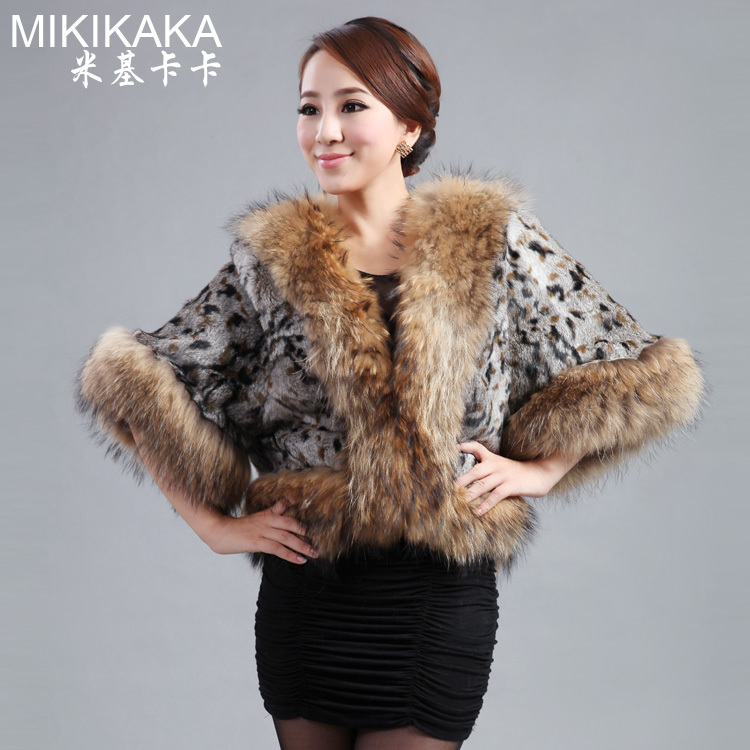 2012 Luxurious Fashion Women Lady Winter Leopard Style Real Rabbit Fur With Genuine Raccoon Fur Collar Short Coat Outerwear