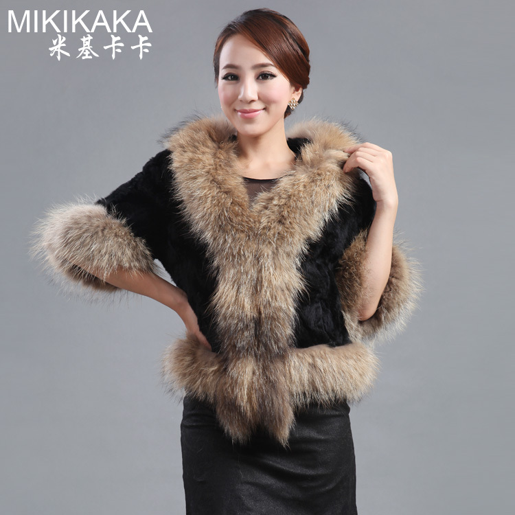 2012 Luxurious Fashion Women Lady Winter Real Rex Rabbit Fur With Genuine Raccoon Collar Half Sleeve Short Coat Outerwear