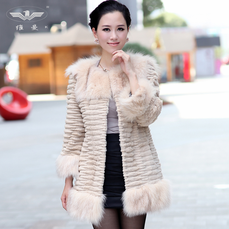 2012 Luxurious Fashion Women Weave Style Real Fox Fur Collar With Genuine Rabbit Fur Long Sleeve Coat Outerwear 6 Colors