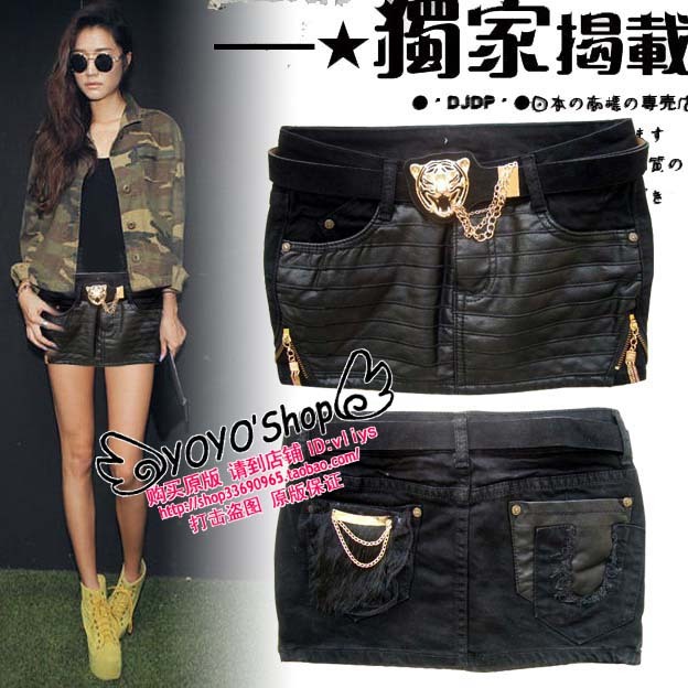 2012 luxury leather patchwork black slim hip slim denim short skirt