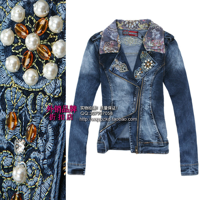 2012 luxury pearl diamond vintage embroidery slim zipper-up short denim jacket