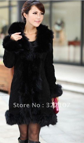 2012 Luxury Pig Leather Long Coat Fox Fur Collar Brown And Black Size S M L XL