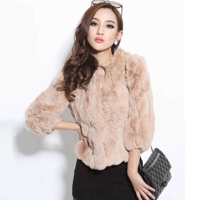 2012 luxury solid color rabbit fur o-neck three quarter sleeve plus size short design women's fur coat w1307