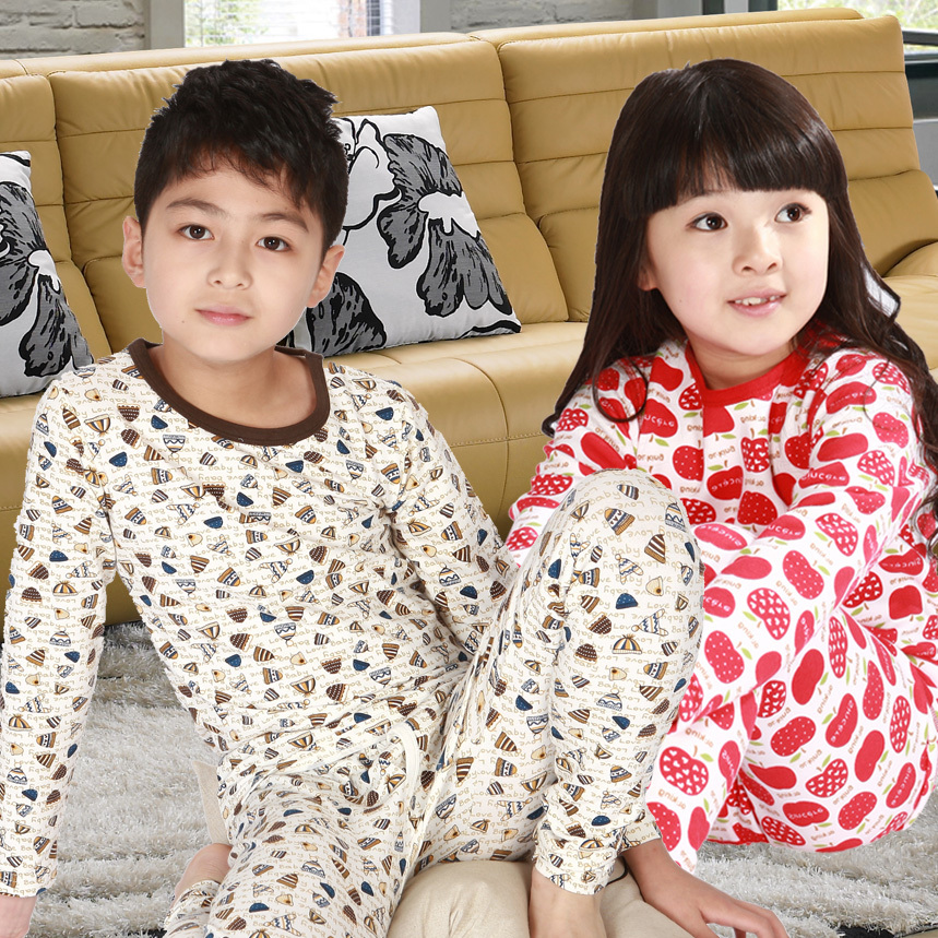 2012 male girls clothing autumn and winter 100% cotton baby sleepwear plus velvet thickening child thermal underwear set