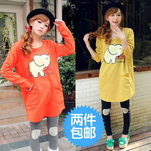 2012 maternity autumn top plus size loose three-dimensional bow print long-sleeve T-shirt maternity clothing