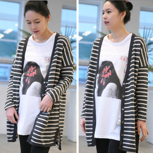 2012 maternity clothing autumn top maternity cardigan loose casual black and white stripe fashion maternity clothing