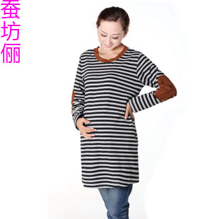 2012 maternity clothing autumn top stripe patches o-neck long-sleeve maternity top