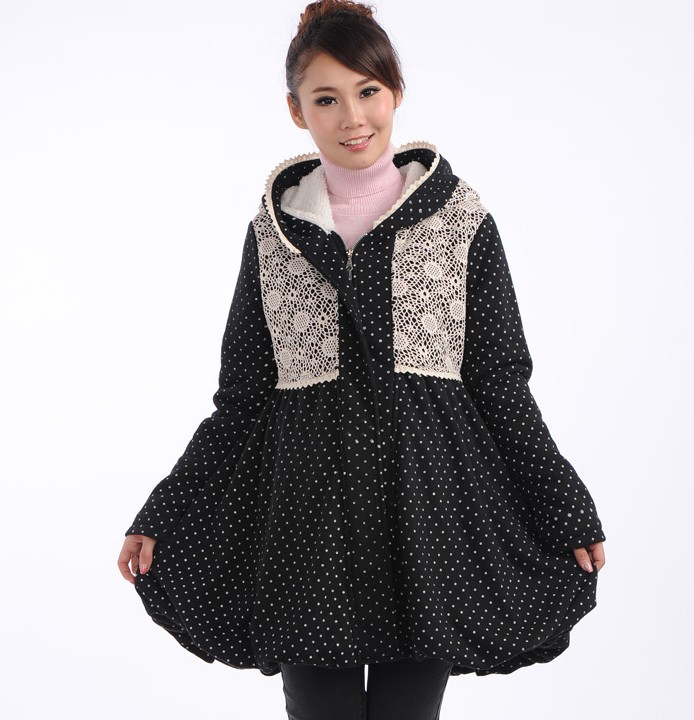 2012 maternity clothing plus velvet dot wadded jacket with a hood long sleeve length zipper wadded jacket z989