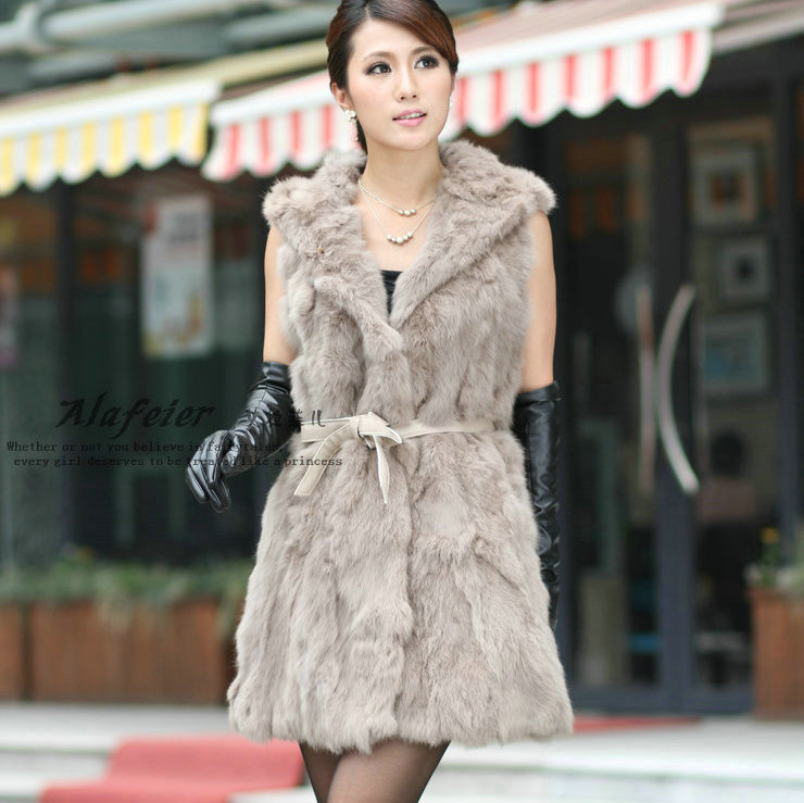 2012 medium-long hooded women's leather cape hare sweater vest outerwear camel