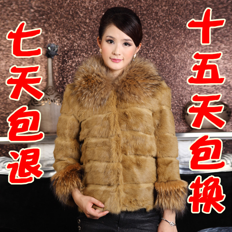 2012 medium-long large raccoon fur rabbit fur slim female hooded fur coat overcoat